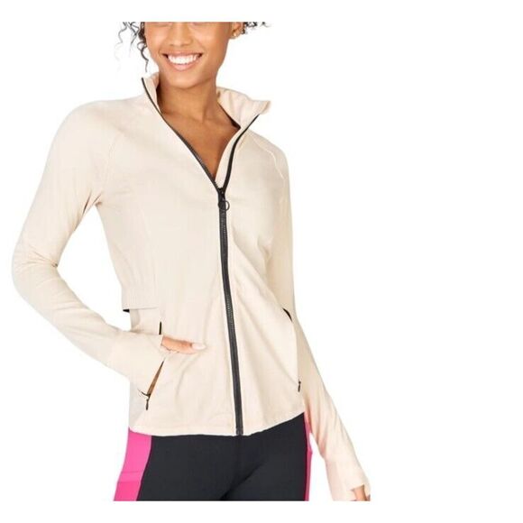 Fabletics Trinity Performance Jacket L Sand Dune Cream Full Zip Athletic Running - Picture 1 of 10